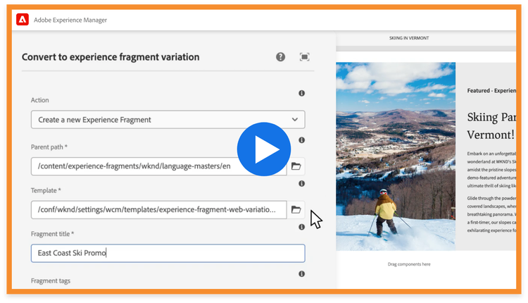 https://main--bacom--adobecom.hlx.live/fragments/products/modal/videos/adobe-experience-manager/sites/omnichannel-experiences/experience-fragments#xf | User interface screenshot of AEM Sites drag and drop content variation editor generating social media assets for an adventure travel business.