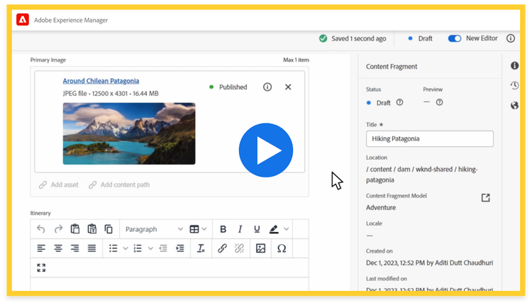 https://main--bacom--adobecom.hlx.live/fragments/products/modal/videos/adobe-experience-manager/sites/omnichannel-experiences/content-fragment#cf | User interface screenshot of an AEM Sites dev panel displaying adventure travel content fragments filtered by language.