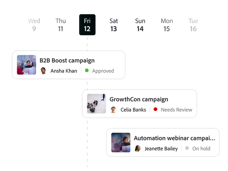Marketing campaign timeline with approval, review, and on-hold status indicators.