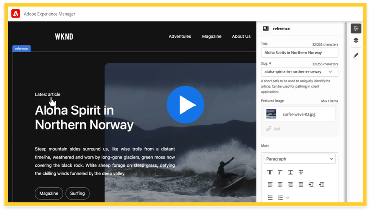 https://business.adobe.com/fragments/products/modal/videos/adobe-experience-manager/sites/content-creation/universal-editor#universal | A smiling content manager selects an optimized image for her surfing article via the drag and drop in-context editing interface in Adobe Experience Manager Sites.