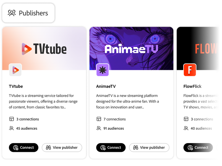 Various publisher profile cards being browsed