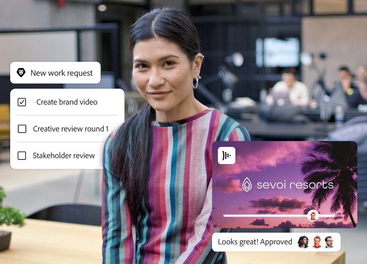 A marketer and a brand video being approved using online workflows.