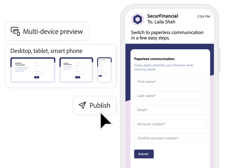 A financial services form being previewed across web, tablet and mobile