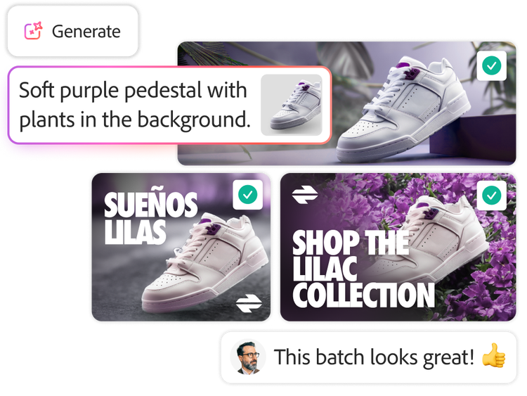 Three images of a white sneaker with various backgrounds generated from a prompt to create a soft purple pedestal with plants in the background overlayed with a coworker’s positive review comment.