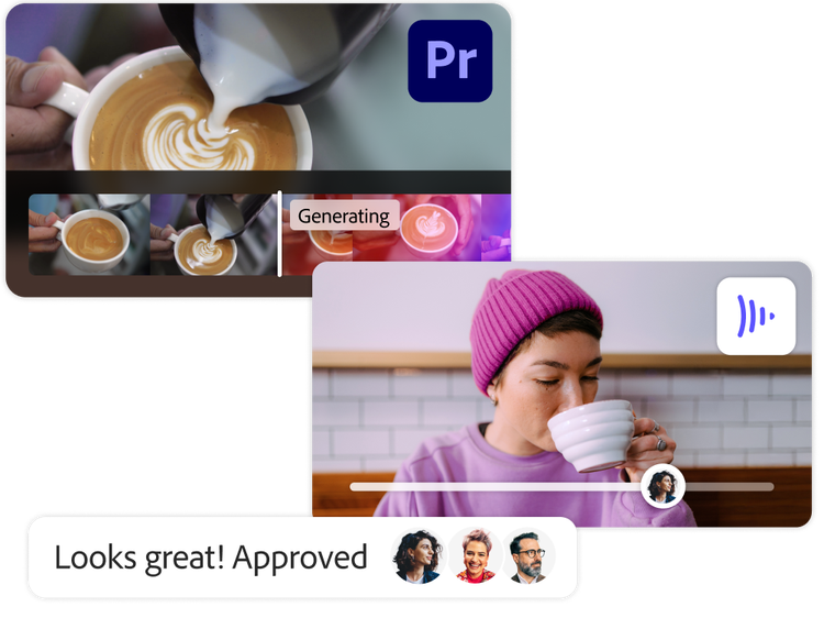 A video of milk being poured into a cup of coffee being generated in Adobe Premier Pro overlayed with a video in Frame.io of a woman drinking coffee and positive approval feedback from collaborators.