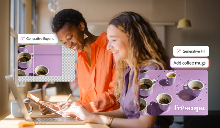 Two women looking at a laptop overlayed with images of video of coffee mugs from Generative Expand and Generative Fill generative AI functions.