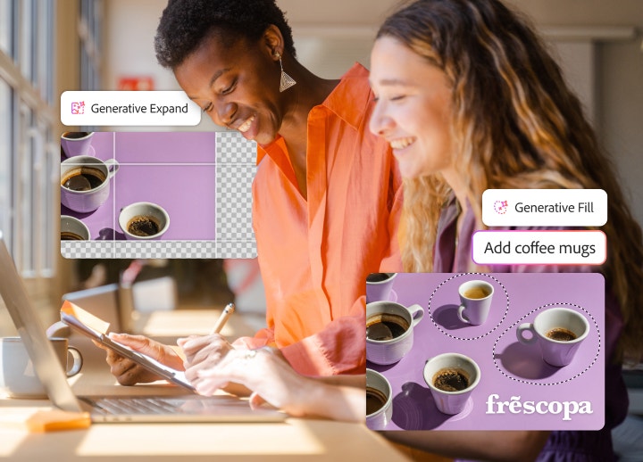Two women looking at a laptop overlayed with images of video of coffee mugs being enhanced with Generative Expand and Generative Fill functions.